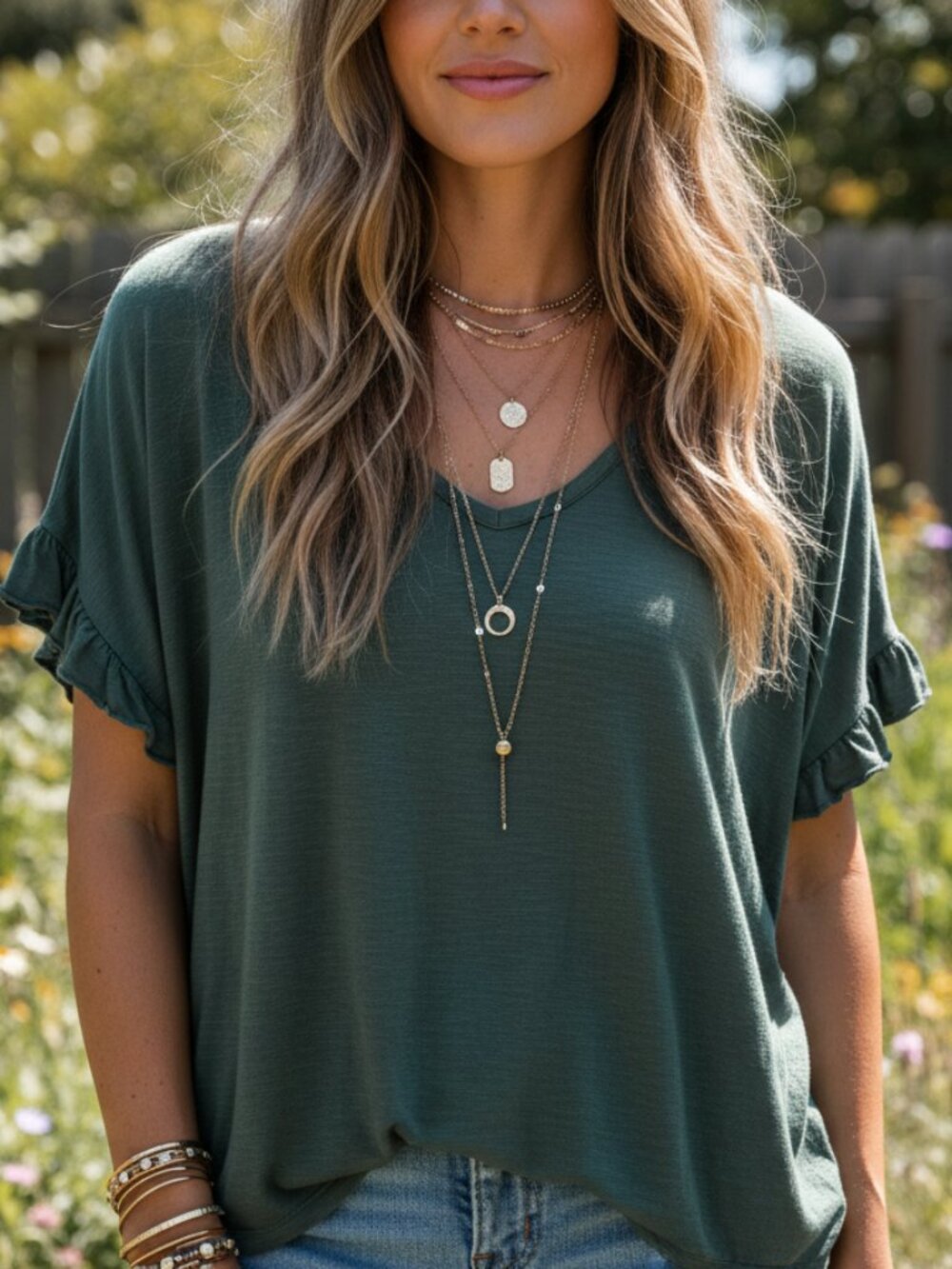 Loft S Green V Neck Ruffle Dolman Sleeve Flutter Top Knit Tee Boho Cottage
